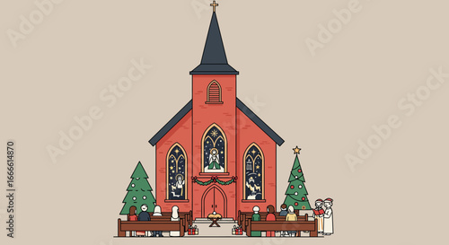 A brick church adorned for Christmas stands amid trees giftwrapped boxes and people sitting on benches and singing carols