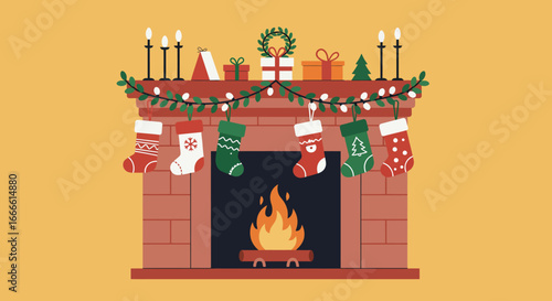 A brick fireplace with lit fire Christmas stockings presents candles a wreath garland and a Christmas tree decorates the mantle