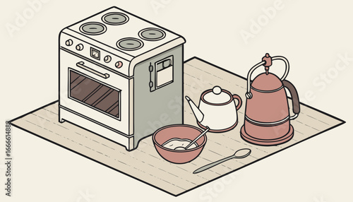 Isometric kitchen scene featuring a vintage oven, mixer, kettle, and bowl with spoon on a placemat