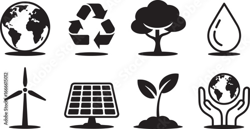 Ecological Sustainability Icons Set Earth Recycle Tree Water Wind Solar Plant Hand Globe Black