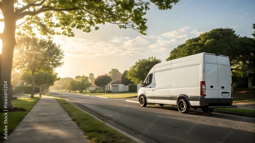 Obraz premium Delivery Van Driving on Quiet Tree-Lined Street at Sunrise