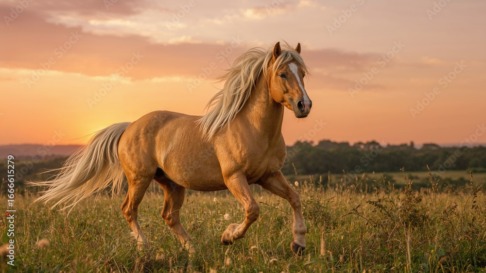 Obraz premium Golden horse with a white mane galloping at sunset
