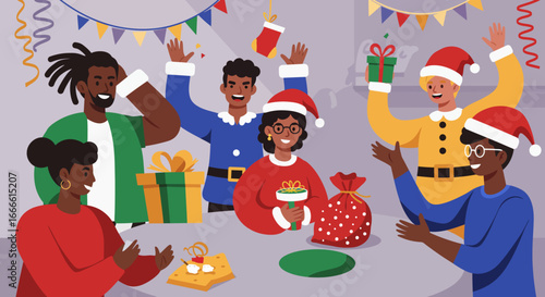 A colorful illustration shows six people celebrating Christmas with gifts and decorations