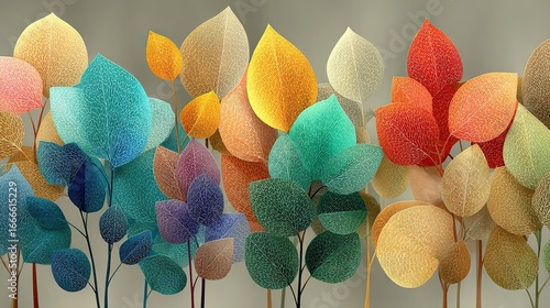 Colorful Long Leaf Abstract Watercolor Painting, Vintage Poster Design with Golden Ratio Symmetrical Layout, Beige Background Warm Toned Tranquil
