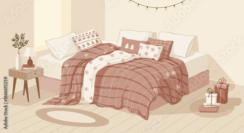 A cozy bedroom scene featuring a large bed with winterthemed bedding next to a bedside table and gifts under string lights