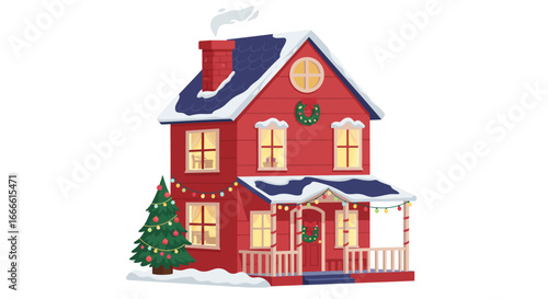 A festive twostory red house is decorated with Christmas lights wreaths  snow A decorated tree sits on the lawn