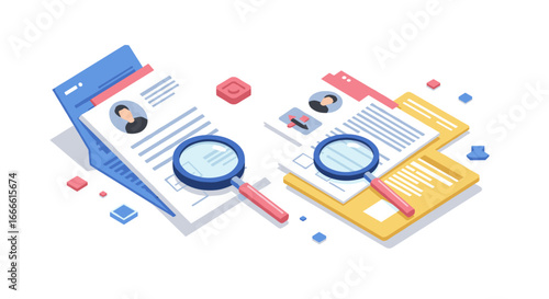 Isometric hiring process: detailed resume evaluation with magnifying glasses