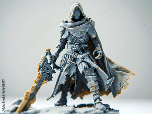 detailed dark fantasy warrior figurine with sword and cloak standing on base for tabletop gaming and collectible concept