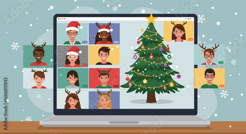 A laptop screen shows a video call with festive participants and a Christmas tree backdrop set against a snowflake background