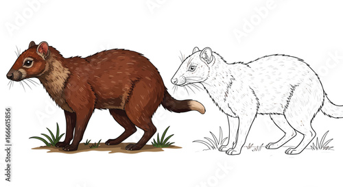 Amazonian Agouti Mammal Coloring Page with Detailed Line Art and Full Color Example