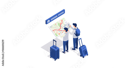 Travelers exploring city map with luggage in isometric style