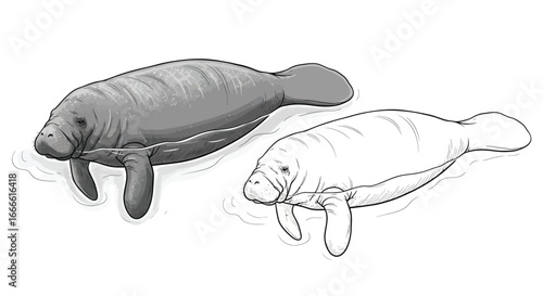 Amazonian Manatee Marine Mammal Coloring Page with Detailed Line Art and Full Color