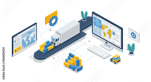Isometric logistics network with truck and technology icons in 3d design