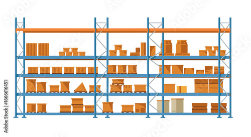 Organized warehouse shelving with boxes and containers in flat style