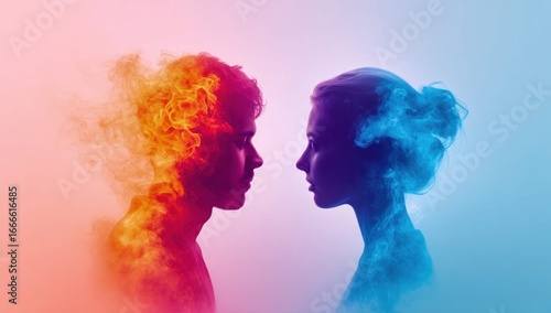 Wallpaper Mural A dramatic image of two individuals facing each other, their forms blending with fiery and icy effects, representing passion. Torontodigital.ca