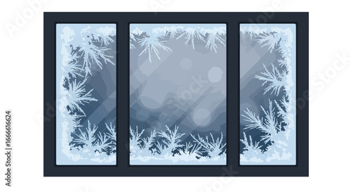A window pane is covered in intricate frost patterns revealing a frosty winter scene