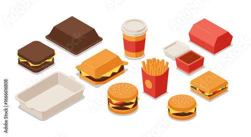 Isometric fast food set: burgers, fries, drinks, and packaging