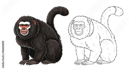 Amazonian Saki Monkey Coloring Page with One Fully Colored and a Detailed Outline
