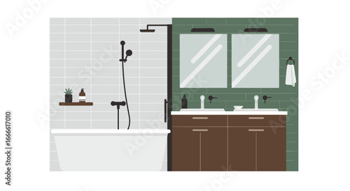 Modern bathroom decor with minimalist bathtub and dark wood vanity
