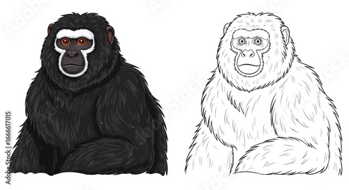 Amazonian Saki Monkey Primate Coloring Page with Detailed Line Art and Full Color Example
