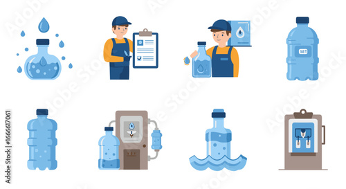 Water bottling process: modern flat icons of bottles, filtration, and quality…