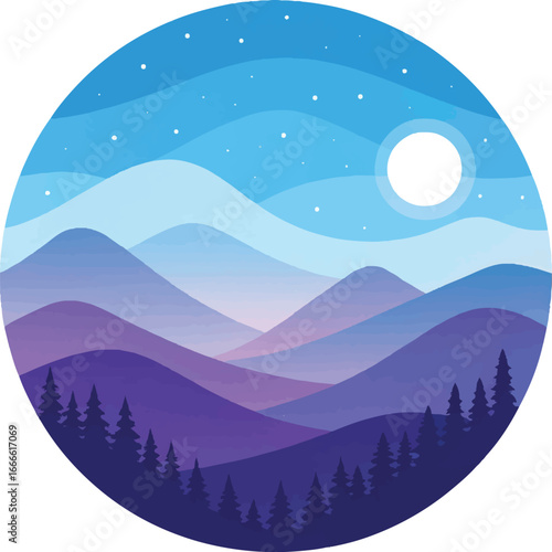 Serene Layered Mountains Landscape Art Print with Full Moon