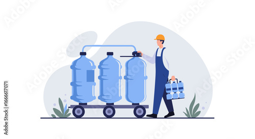 Worker delivering large water jugs on a trolley in flat style