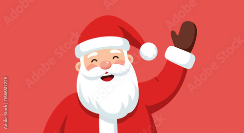 Cartoon Santa Claus on red background waving with brown gloved hand