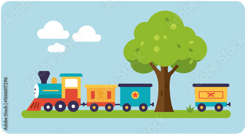 Cartoon train consisting of an engine and three cars drives past a tree on green grass under clouds with a light blue background
