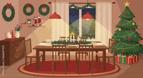 Christmas dining room with decorated table wreaths and presents under the tree Snowy night visible through window