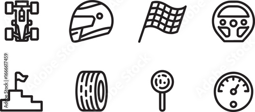 Racing Vector Icons Set Car Helmet Flag Wheel Podium Tire Lollipop Speedometer Isolated