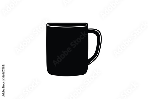 A black coffee mug with a handle on a white background silhouette