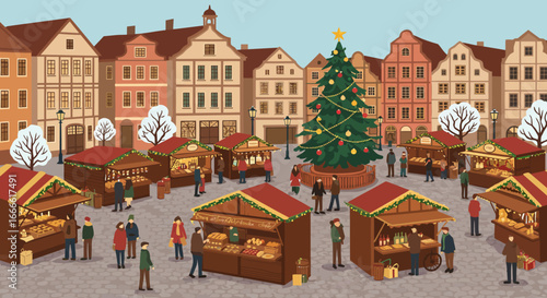 Christmas market with wooden stalls decorated tree and snowdusted buildings People stroll among the shops