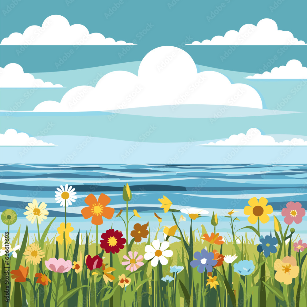 Obraz premium Colorful Wildflowers by the Ocean Under a Blue Sky with Clouds