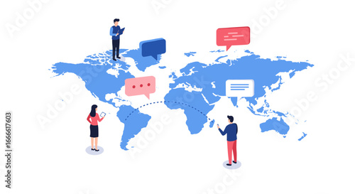 Global communication concept with people and speech bubbles on world map