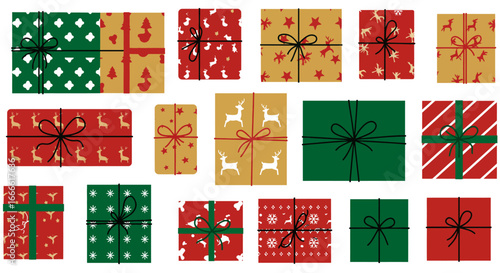 Collection of festive wrapped presents green red gold paper with reindeer stars snowflakes patterns tied with string
