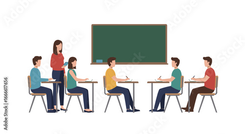 Classroom teaching scene with students and teacher in flat design