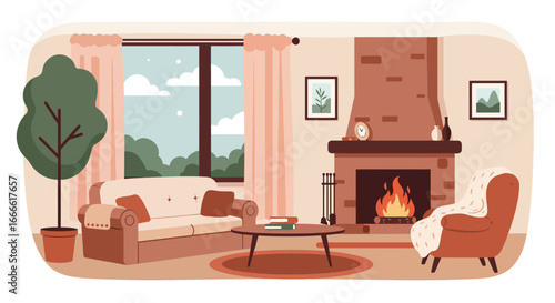 Cozy living room with fireplace sofa armchair tree and window view of nature