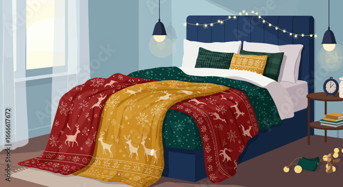 Cozy bedroom scene with bed featuring festive red and gold throws pillows side table and decorations