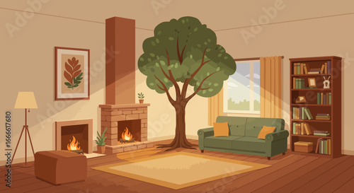 Cozy room with tree sofa fireplaces  bookshelf bathed in warm light