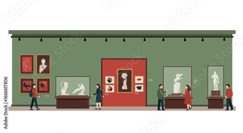 Art museum visit: flat design of gallery with sculptures and paintings