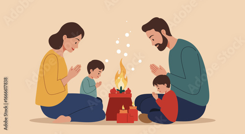 Family with two kids praying before a small altar with lit candles and a flame in a stylized warmtoned illustration
