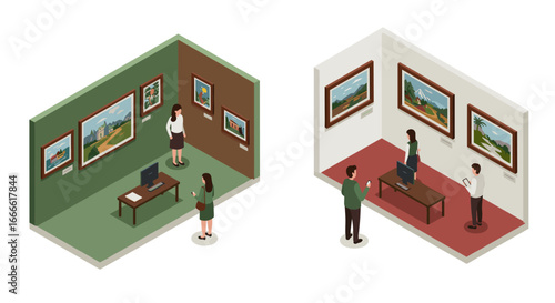 Isometric art gallery scenes with paintings and visitors in two rooms