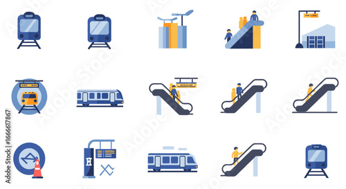 Public transportation icons set featuring trains, buses, and commuter element…