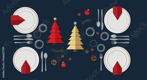 Festive Christmas table setting with plates utensils glasses ornaments and two stylized Christmas trees