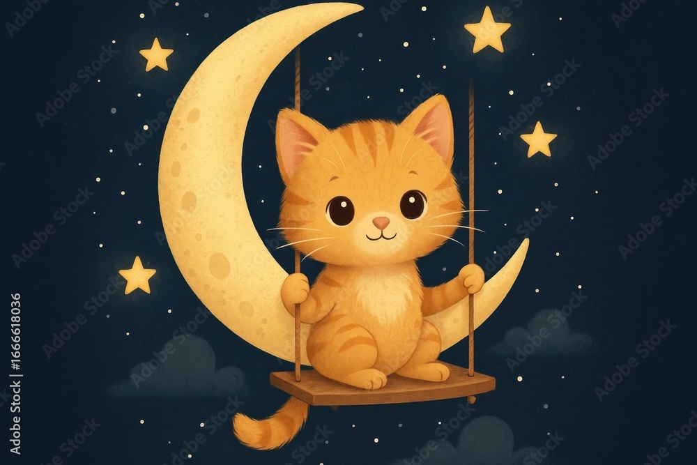 Fototapeta premium Cute kitten swings on moon.