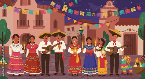 Festive scene People in traditional clothing with guitars and candles gather in a brightly decorated town square at night