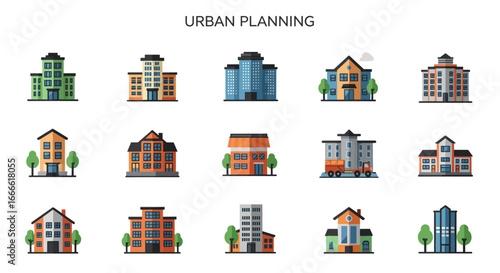 Colorful flat urban planning icons collection: diverse buildings and structures