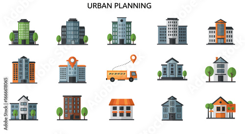 Urban planning buildings collection with buses and trees in a flat design
