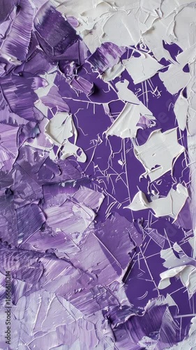 Abstract texture of thick purple and white paint layers. The surface displays a mix of colors and patterns, creating a visually striking design.